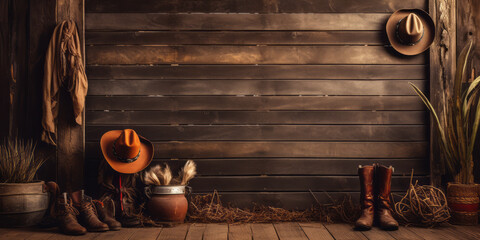 Cowboy interior. Old wooden wall background. Empty space. - obrazy, fototapety, plakaty