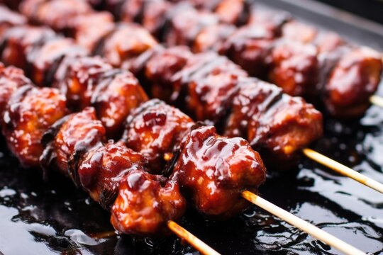 close-up image of bbq meatball skewers with visible grill marks