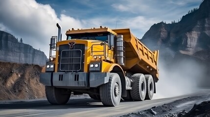 Rock transportation by dump trucks. Large quarry yellow truck. Transport industry. Mining truck is driving along a mountain road.