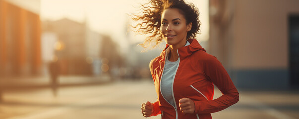 A beautiful young woman in sportswear jogging on the street - obrazy, fototapety, plakaty