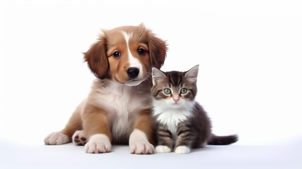 A puppy and a cat sitting together