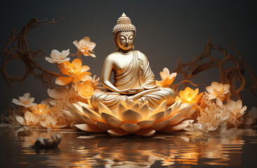 abstract glowing golden buddha and flowers 3d art