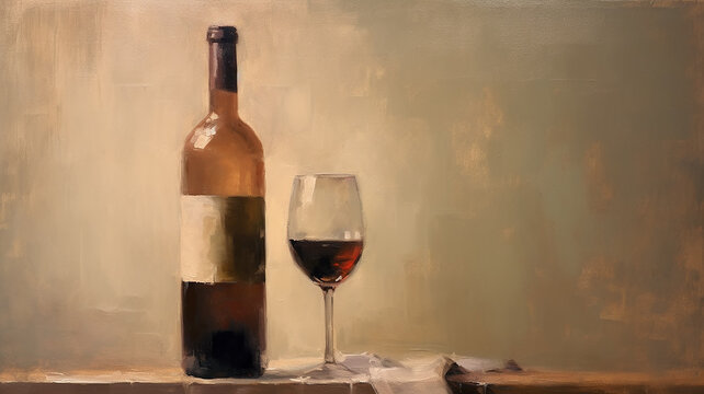 a bottle of wine and a glass of classic oil painting.