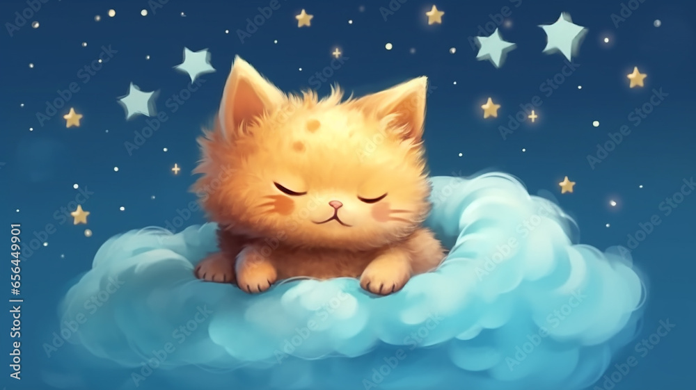 Wall mural cute kitten sleeping on a cloud watercolor drawing.