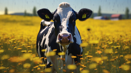 a black cow with white spots grazes on a flower meadow.