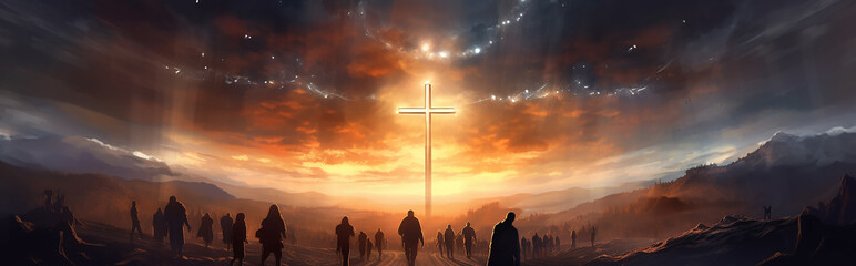glowing cross crowd of people silhouettes. faith hope religion. - obrazy, fototapety, plakaty
