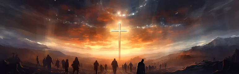 Foto op Plexiglas glowing cross crowd of people silhouettes. faith hope religion. © kichigin19