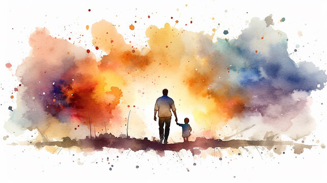 Watercolor Drawing Isolated On A White Background Father Walking Hand In Hand With His Son View From The Back.