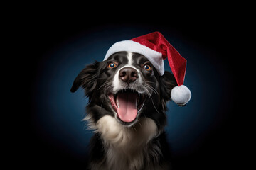 Pawsitively Merry Greeting from a Border Collie dog, wearing Santa Claus hat in front of a dark gradient background. Celebrating Christmas concept. Greeting card for Christmas