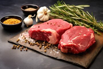 Fototapeta premium raw beef roast with garlic and rosemary on a stone countertop
