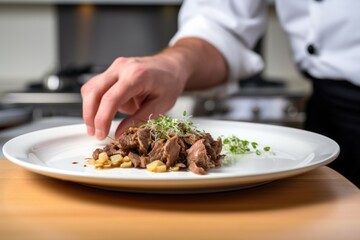 hand plating beef stroganoff onto a white ceramic plate