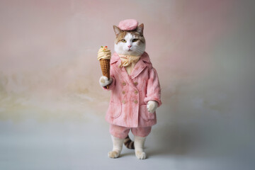 White and orange cat in a pink coat and hat, holding ice cream, full body shot, isolated, Generative AI