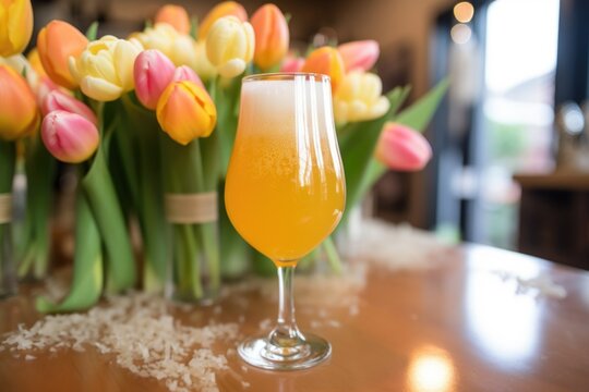 saison farmhouse ale in a tulip glass, with micro-bubbles seen