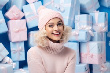 A glowing young woman, her joy unmistakable, holds blue gift boxes with glistening bows. Capturing the festive essence, she's dressed in a white knitted sweater, scarf, and hat