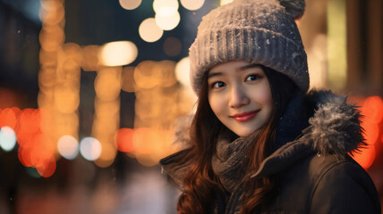  A smiling asian female teen standing child in the city square at nigh with a lit up Christmas tree...