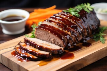 sliced bbq brisket on a bamboo board with tangy sauce