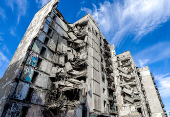 destroyed and burned houses in the city during the war in Ukraine