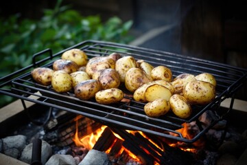 Naklejka premium potatoes on a makeshift grill over a campfire