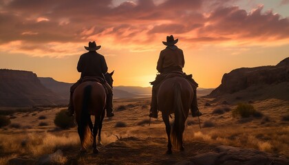 Silhouette of two cowboys at sunset