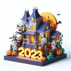 tiny 3d halloween house, isometric, 2023, isolated with a white background