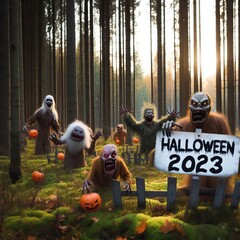 cute monsters in the forest by sunset, halloween 2023