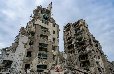 destroyed and burned houses in the city during the war in Ukraine