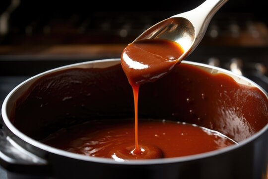 stirring bourbon bbq sauce in a saucepan