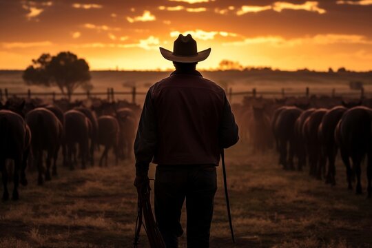 View from behind on cowboy with cattle