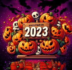 Halloween 2023 sign surrounded by pumpkins, illustration
