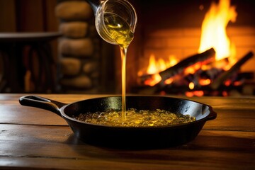 pouring oil into a hot skillet in front of a roaring fire