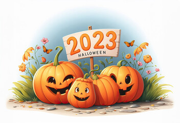 Happy Pumpkins in 2023, illustration with white background