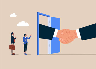 Handshake welcome and introduce new staff to team. Warm welcome to new office. Flat vector illustration
