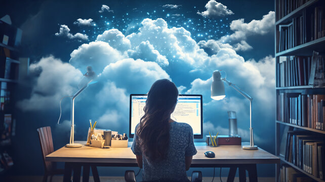 Back view of a programmer girl sitting in clouds working with laptop on the desk