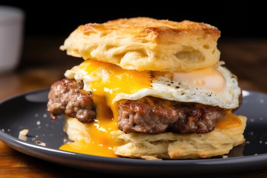 A Close-up Of A Sausage And Egg Biscuit Sandwich