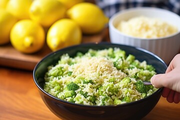 hand placing lemon slice onto fluffy broccoli rice