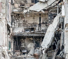 destroyed and burned houses in the city during the war in Ukraine