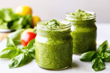 sandwich placed between two jars of fresh pesto
