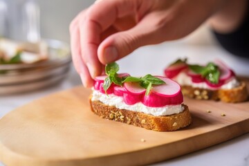 hand placing a slice of radish on goat cheese-topped bruschetta