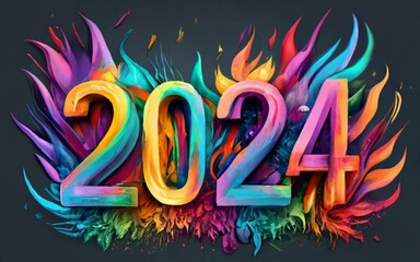 Big number 2024 made of rainbow fire with black background. New Year concept, 2024. Created with generative Ai technology.
