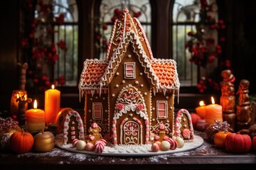 gingerbread house decorated with icing and sweets