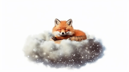 Fototapeta premium fox cub sleeps on a cloud watercolor on a white background illustration of the little.