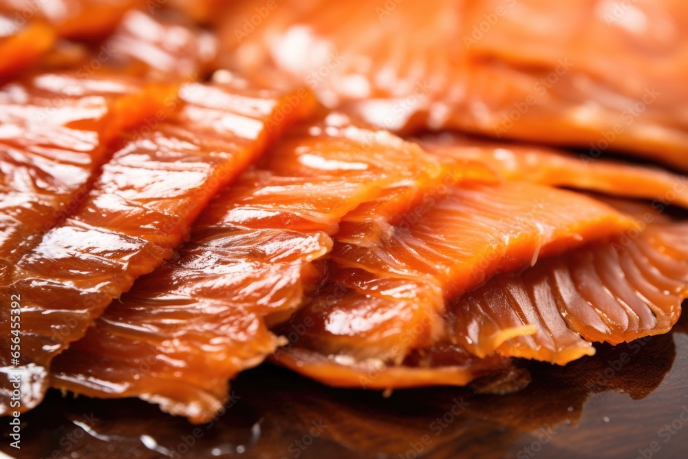 Poster up-close shot of smoked salmon texture on a piece