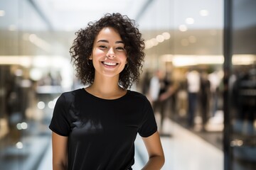 A radiant woman beams with joy, the thrill of her shopping escapade mirrored in her eyes. Dressed in a trendy black shirt and jeans, she becomes an effortless focal point, embodying modern fashion.