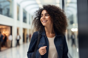 A radiant woman beams with joy, the thrill of her shopping escapade mirrored in her eyes. Dressed in a trendy black shirt and jeans, she becomes an effortless focal point, embodying modern fashion.