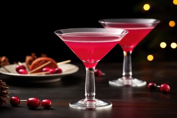 wide shot of a cosmopolitan cocktail next to fresh cranberries