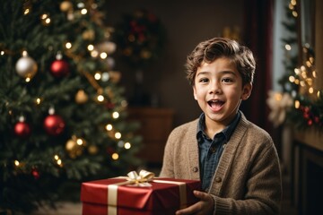 Happy joyful brunette boy with a red gift box on the background of a Christmas tree looks into the camera, close-up. Holiday, New Year. Generative AI