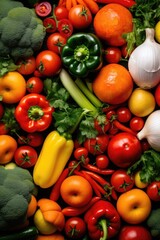 Close up overhead view of various colourful fresh vegetables.