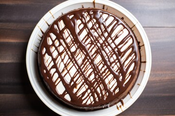 overhead image of a chocolate drizzled cheesecake