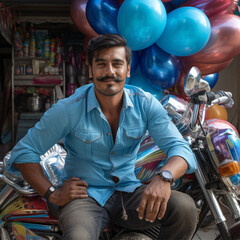 indian man selling balloons and toys standing next to a motorcycle, full figure, young, attractive...