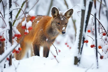 Plexiglas foto achterwand roe deer feeding on winter berries in a snow-covered forest © altitudevisual